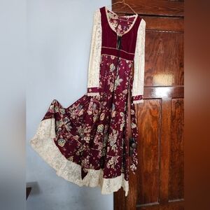 Gunne Sax by Jessica Floral Burgundy and Cream Maxi Dress